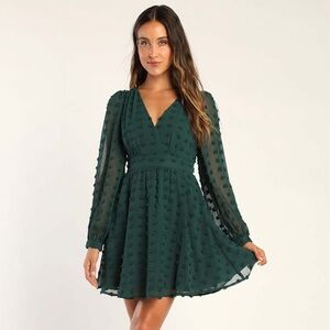 NWT Lulus Always on Repeat Emerald Green Clip Dot Long Sleeve Mini Dress